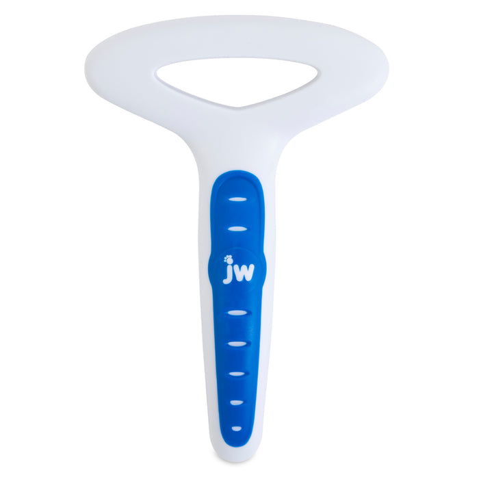 The JW Pet Gripsoft Double Row Undercoat Rake with regular teeth is a white and blue plastic grooming tool featuring a T-shaped handle, ideal for removing shedding hair from dogs.