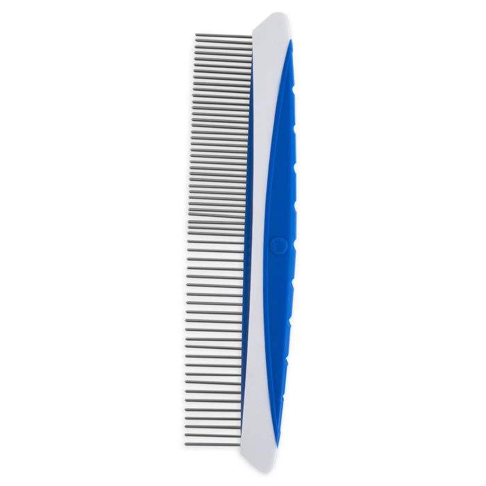 The JW Gripsoft Fine & Coarse Comfort Comb by JW Pet is a two-sided dog grooming comb with a blue and white handle and metal teeth of varying lengths, perfect for detangling fine or coarse fur.