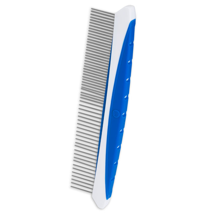 A close-up of the JW Pet JW Gripsoft Fine & Coarse Comfort Comb shows its blue grooved handle with white edges and a single row of metal teeth—ideal for detangling fine and coarse coats.