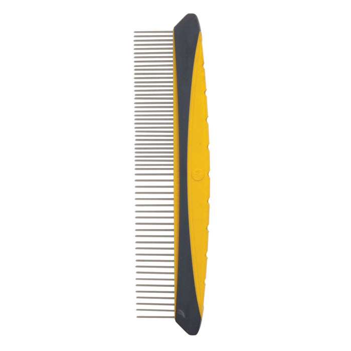 The JW Pet JW Gripsoft Fine & Coarse Comfort Comb is a yellow and gray dog grooming tool with metal teeth, designed for detangling fine and coarse coats. It features a comfortable gray grip on a yellow handle, displayed on a white background.