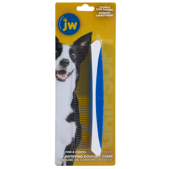 A package of the JW Pet JW Gripsoft Fine & Coarse Comfort Comb, with a blue and white handle and an image of a happy black and white dog on yellow packaging—perfect for detangling both fine and coarse pet coats.