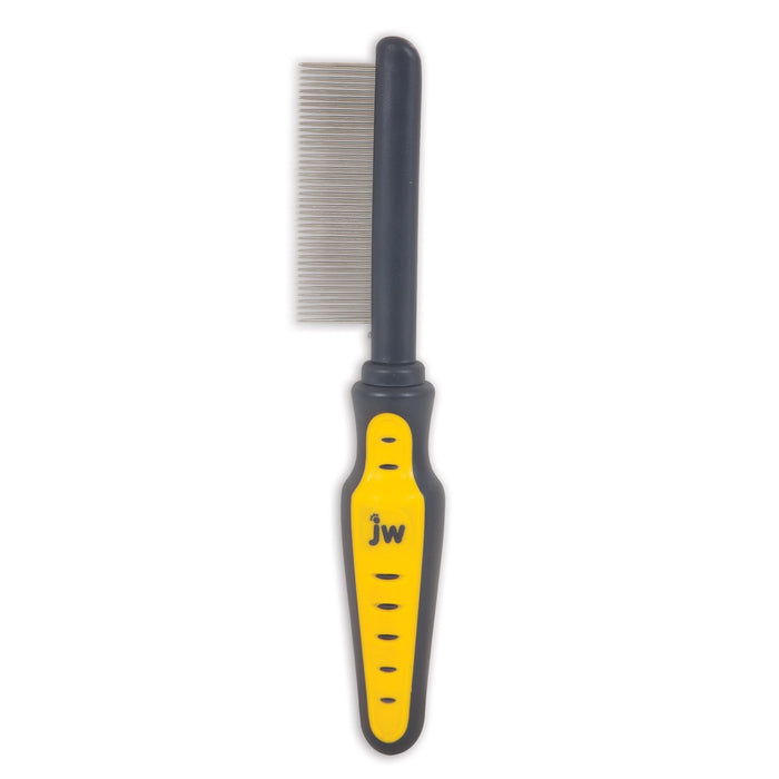 The JW Gripsoft Fine Tooth Comb by JW Pet features a black and yellow ergonomic handle with "jw" printed on it and fine metal teeth, designed to remove tangles from your pet's coat.
