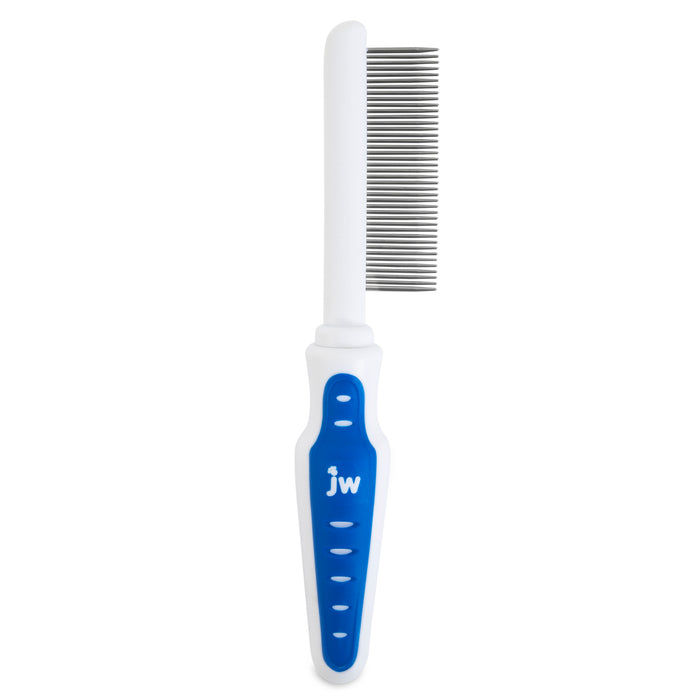The JW Gripsoft Fine Tooth Comb by JW Pet features fine metal teeth and a long handle with a blue grip, white oval accents, and “jw” printed in white—ideal for gently removing tangles from your dog’s coat.