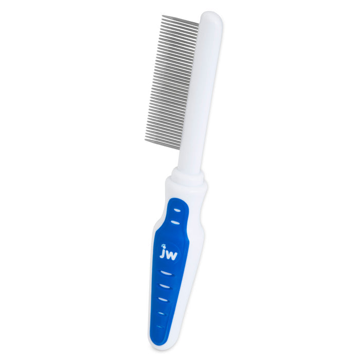 The JW Gripsoft Fine Tooth Comb by JW Pet features closely spaced teeth and a white handle with a blue grip, ideal for removing tangles from your pet's coat.