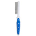 The JW Pet JW Gripsoft Flea Comb is a white and blue grooming tool with an ergonomic handle and fine metal teeth, designed for effective pet care.