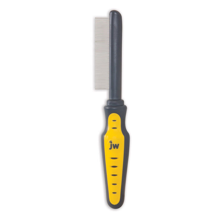 The JW Pet JW Gripsoft Flea Comb features an ergonomic handle and fine metal teeth in yellow and black, ideal for removing fleas and tangles from your pet's fur.