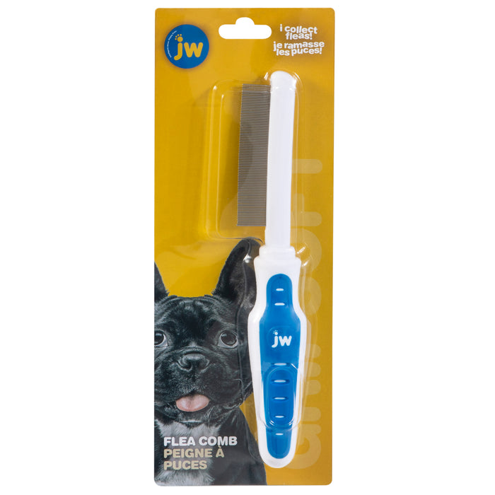 The JW Pet Gripsoft Flea Comb comes in blue and white packaging with a photo of a French Bulldog. It features fine metal teeth, an ergonomic handle, and bilingual English/French text, making it ideal for pet grooming.