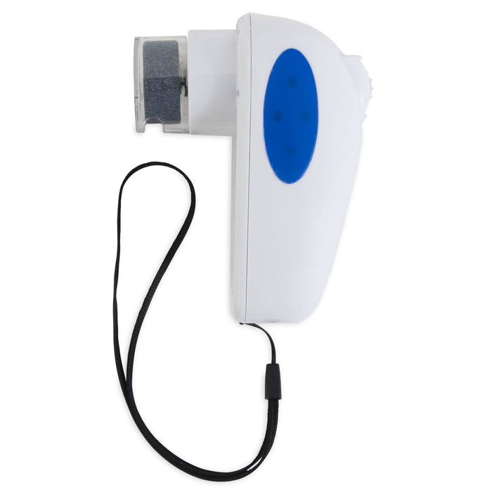 The JW Pet JW Gripsoft Palm Nail Grinder For Pets, shown from the side, features a blue grip, metal shaving head, and black wrist strap—comparable in size to a handheld electric lint remover.