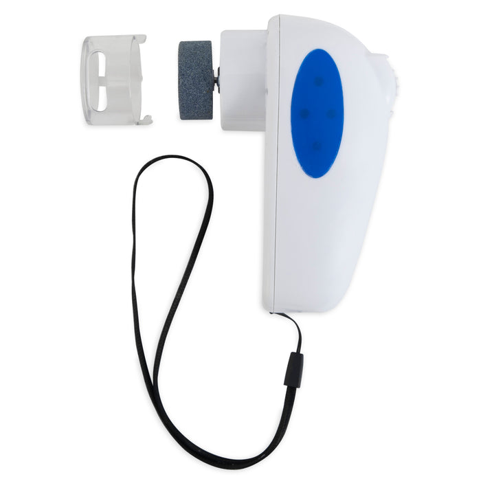The JW Pet JW Gripsoft Palm Nail Grinder For Pets, a white cordless device with a blue grip, black wrist strap, detachable grinding roller, and clear protective cap, is shown on a white background.