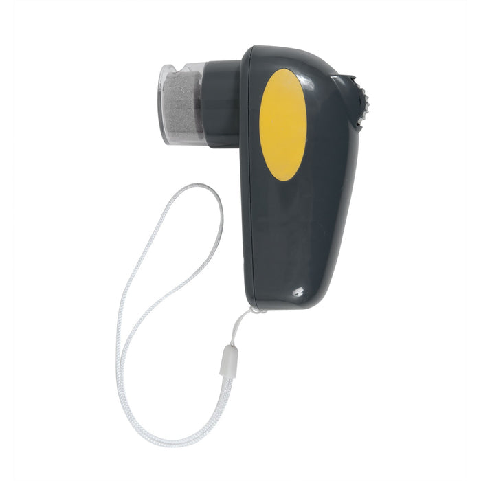 The JW Pet JW Gripsoft Palm Nail Grinder For Pets, similar in size to a cordless nail grinder, features a black body, yellow oval button, transparent head, and attached white wrist strap—shown against a white background.