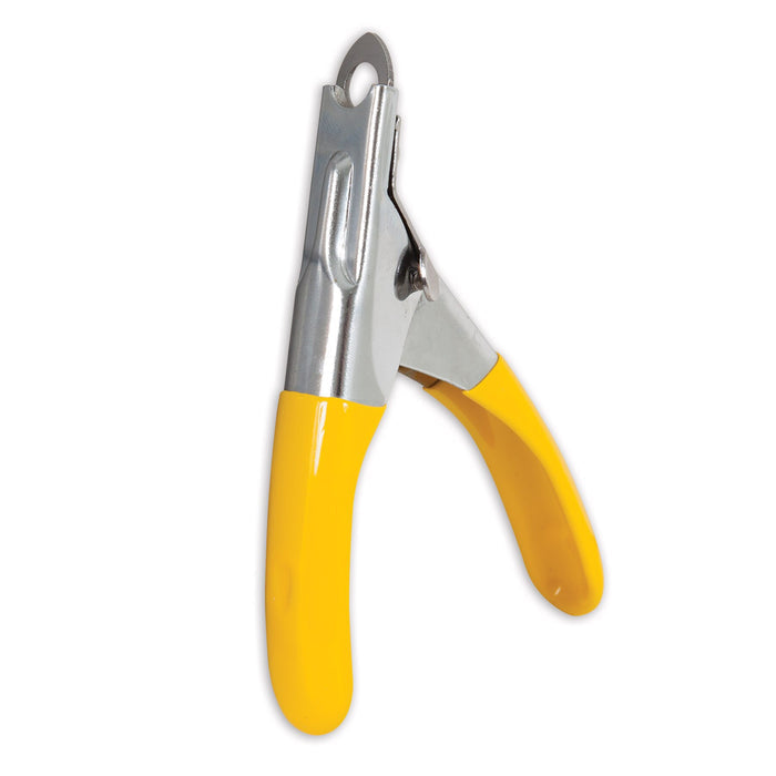 The JW Pet JW Gripsoft Pet Nail Trimmer features ergonomic yellow handles and a silver guillotine-style blade, displayed against a white background.