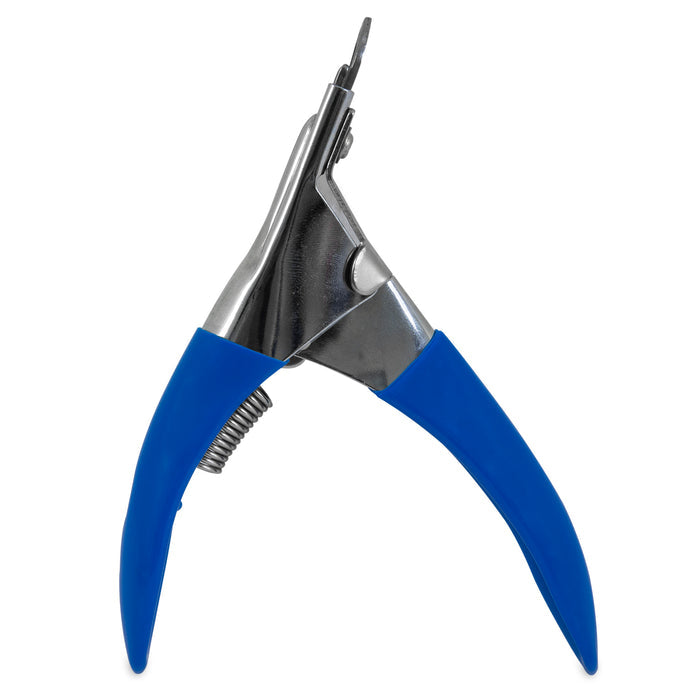 The JW Gripsoft Pet Nail Trimmer by JW Pet is a metal guillotine-style tool with blue rubber-coated ergonomic handles, partially open, made for trimming pet nails or claws.