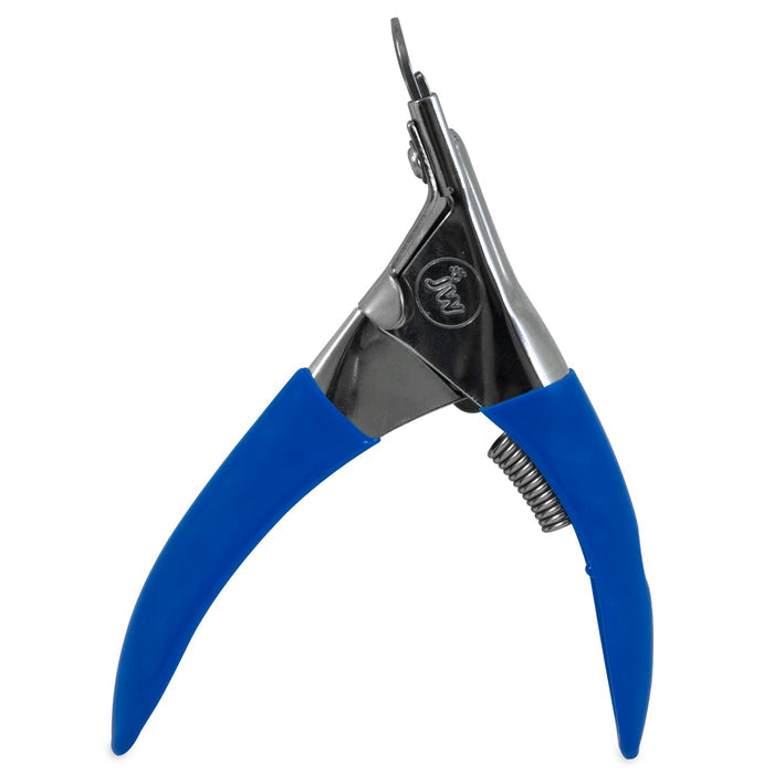 The JW Gripsoft Pet Nail Trimmer by JW Pet is a silver guillotine-style trimmer with blue ergonomic handles and a spring mechanism, shown upright against a white background.
