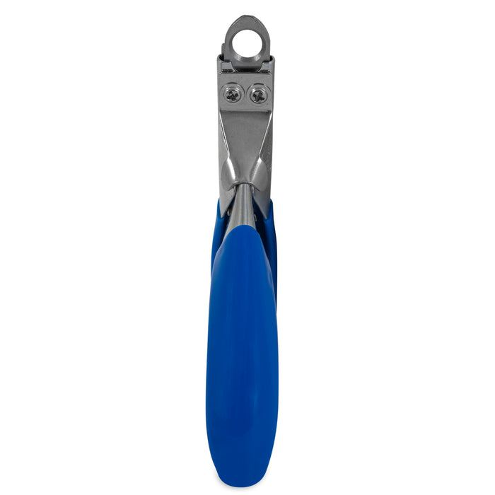 The JW Gripsoft Pet Nail Trimmer by JW Pet is a guillotine-style tool with blue ergonomic handles, shown upright from the front, highlighting its metal cutting edges and screw joints at the top.