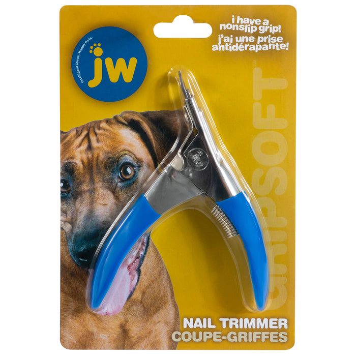 A JW Pet Gripsoft Pet Nail Trimmer package shows a blue and silver guillotine-style trimmer with ergonomic handle on a yellow background, plus a brown dog photo and product details in English and French.