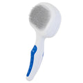 The JW Pet JW Gripsoft Self-Cleaning Slicker Brush features a white rectangular head with fine metal bristles and a blue rubber grip handle, displayed against a plain white background.