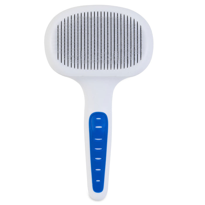 The JW Gripsoft Self-Cleaning Slicker Brush by JW Pet features a white body, blue rubber-grip handle, and fine metal bristles, shown against a plain white background.