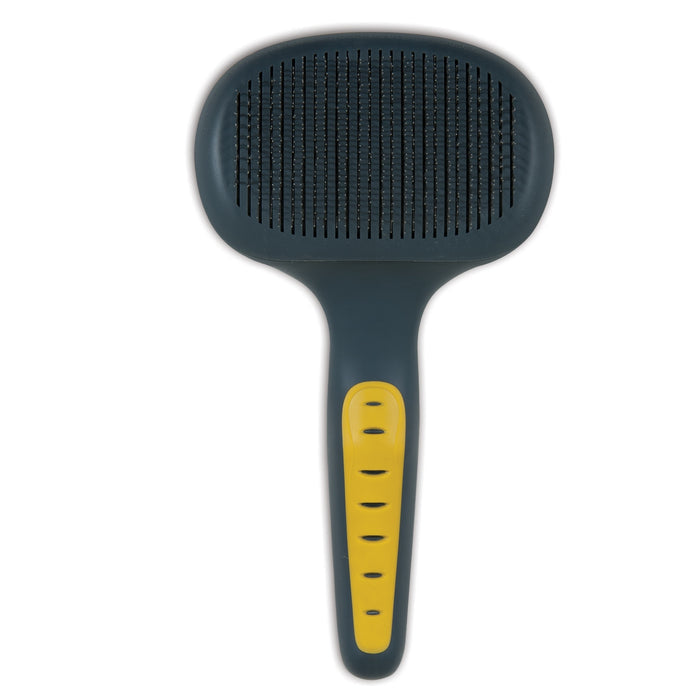 The JW Pet JW Gripsoft Self-Cleaning Slicker Brush features a wide, dark gray rectangular head with fine metal bristles and a yellow textured handle with grip holes, making it ideal for removing loose fur from pets.