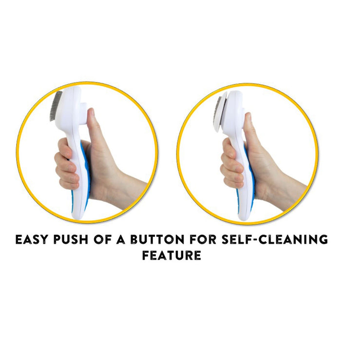 Two hands hold the JW Gripsoft Self-Cleaning Slicker Brush by JW Pet, showing the brush head before and after pressing the self-cleaning button. Text below reads: “Easy push of a button for self-cleaning feature.”.