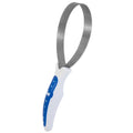 The JW Gripsoft Shedding Blade by JW Pet features serrated edges and a white handle with a blue grip, making it ideal for removing matted fur during pet grooming.