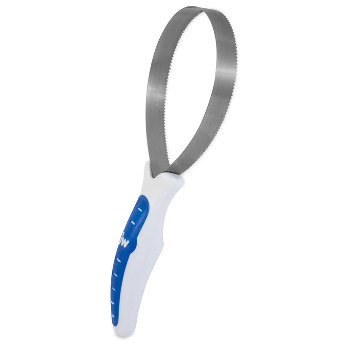 The JW Gripsoft Shedding Blade by JW Pet features serrated edges and a white handle with a blue grip, making it ideal for removing matted fur during pet grooming.