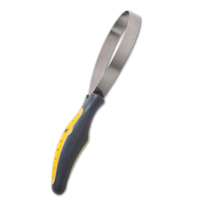 The JW Pet JW Gripsoft Shedding Blade features a serrated loop and a black and yellow ergonomic handle, ideal for grooming pets and removing matted fur.
