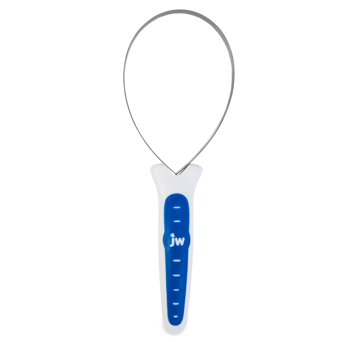 The JW Pet JW Gripsoft Shedding Blade features a blue and white handle and metal loop, ideal for grooming pets and effectively removing loose or matted fur.