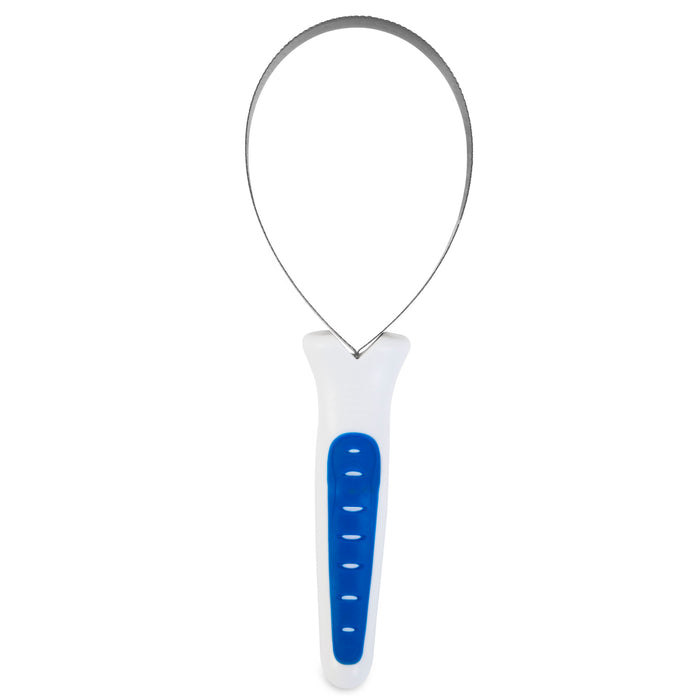 The JW Gripsoft Shedding Blade by JW Pet features a metal loop and a white handle with a blue, textured grip, ideal for grooming pets and removing loose or matted fur.