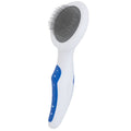 The JW Gripsoft Slicker Brush for Cats by JW Pet is a white and blue grooming tool with a curved handle and fine metal bristles, ideal for detangling and removing loose fur to reduce shedding.