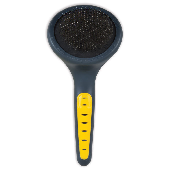 The JW Gripsoft Slicker Brush for Cats by JW Pet features a dark gray handle with a yellow grip and a round head of fine metal bristles, ideal for shedding hair removal and shown against a white background.