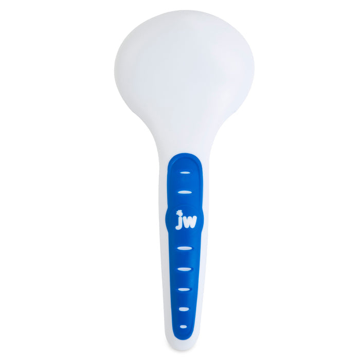 The JW Gripsoft Slicker Brush for Cats by JW Pet is a white plastic brush with a large round top and blue grip handle, featuring "jw" on the handle—ideal for efficient shedding hair removal.
