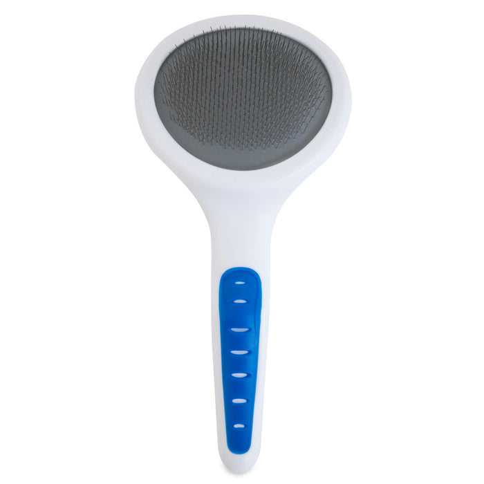 The JW Gripsoft Slicker Brush With Soft Pins by JW Pet features a large rectangular head with fine metal bristles, a curved handle, and blue grip—ideal for detangling fur and gentle on sensitive skin.