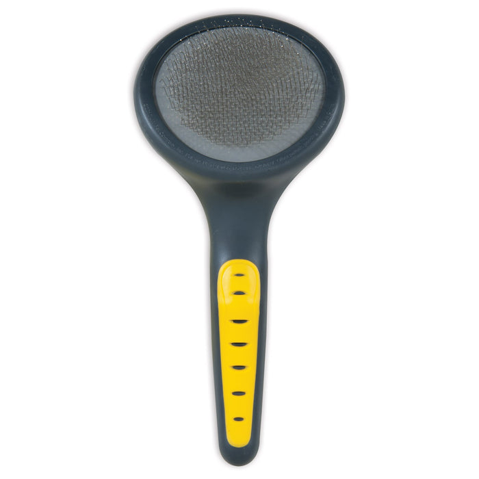 The JW Pet JW Gripsoft Slicker Brush With Soft Pins is a black and yellow pet grooming tool with fine metal bristles, ideal for sensitive skin, shown from above on a white background.