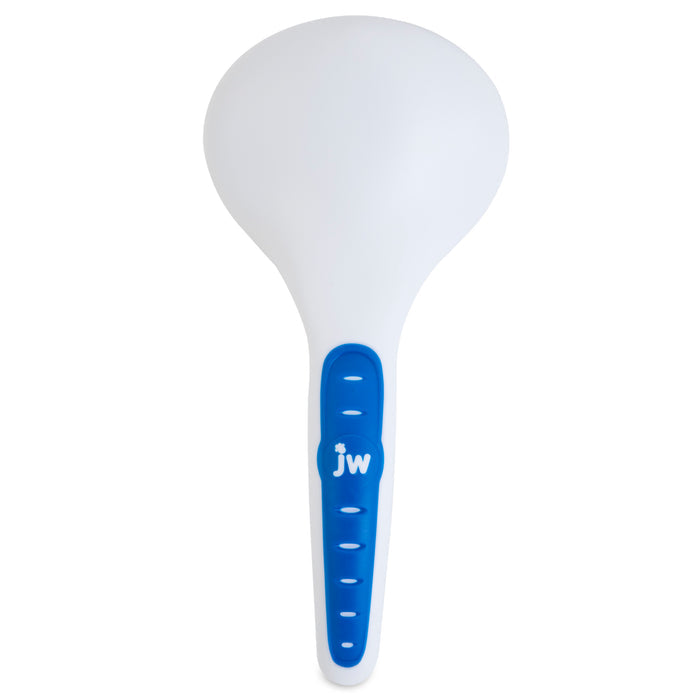 The JW Pet JW Gripsoft Slicker Brush with Soft Pins features a blue and white design with small handle slots, making it ideal for pet grooming routines or pets with sensitive skin.
