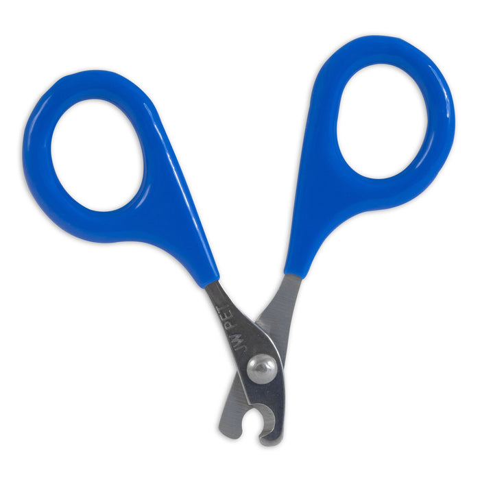 The JW Pet Gripsoft Small Nail Clipper is great for pet grooming, with blue plastic handles, large finger holes, and stainless steel blades featuring a semi-circular notch for precise nail trimming.