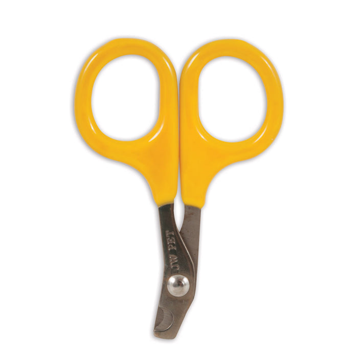 The JW Pet JW Gripsoft Small Nail Clipper, featuring yellow plastic handles and stainless steel blades, is ideal for precise pet grooming and shown on a white background.