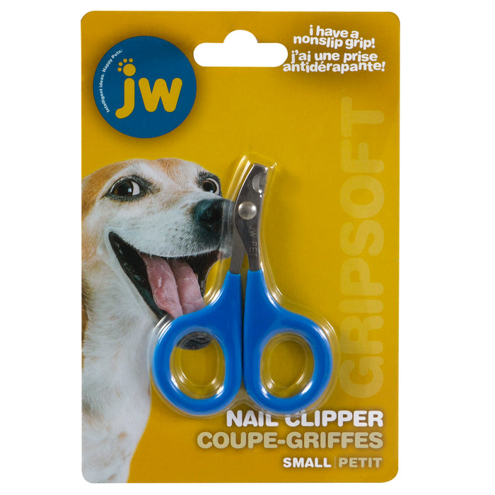 The JW Pet Gripsoft Small Nail Clipper features blue handles and comes on a yellow backing with product info in English and French, plus an image of a happy dog on the left.