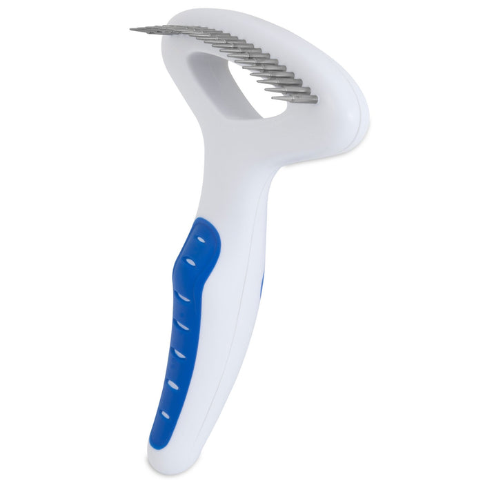 The JW Pet JW Gripsoft Undercoat Rake features a white handle, blue grip, and curved head with metal bristles—perfect for removing shedding hair and tangles from your dog’s coat.