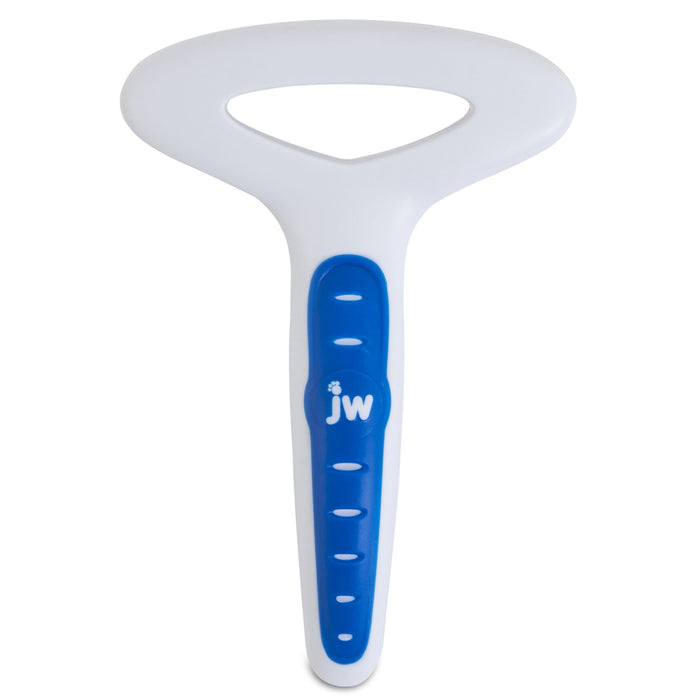 The JW Pet Gripsoft Undercoat Rake is a white and blue plastic dog grooming tool with a wide, triangular handle and flat, toothed edge for shedding hair removal, branded JW with a paw print.