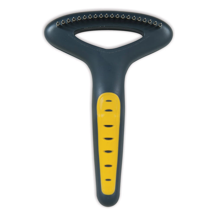 The JW Gripsoft Undercoat Rake by JW Pet is a dark gray and yellow dog grooming tool with a T-shaped handle and rows of metal bristles, designed for efficient removal of shedding hair.