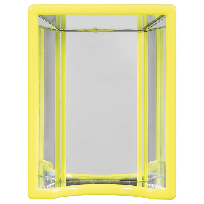 The JW Hall Of Mirrors Bird Toy by JW Pet is a rectangular yellow-framed bird mirror with three reflective panels creating a corner effect, shown from the front against a white background.