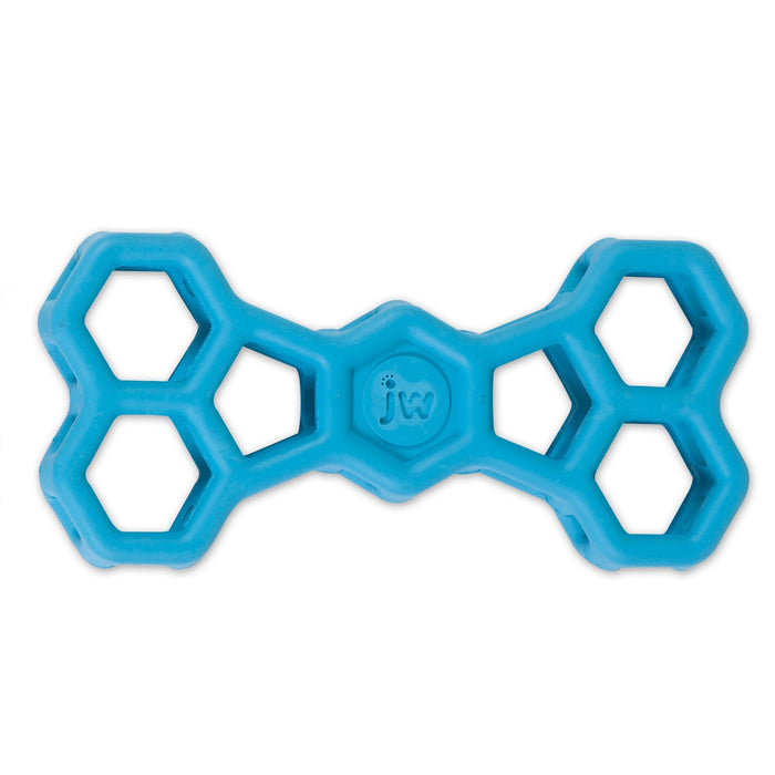 The JW Hol-ee Bone Puzzle Dog Toy by JW Pet is a blue natural rubber bone-shaped toy with a honeycomb pattern, hexagonal holes, and an embossed JW logo—ideal as a treat puzzle for engaging your dog in play.