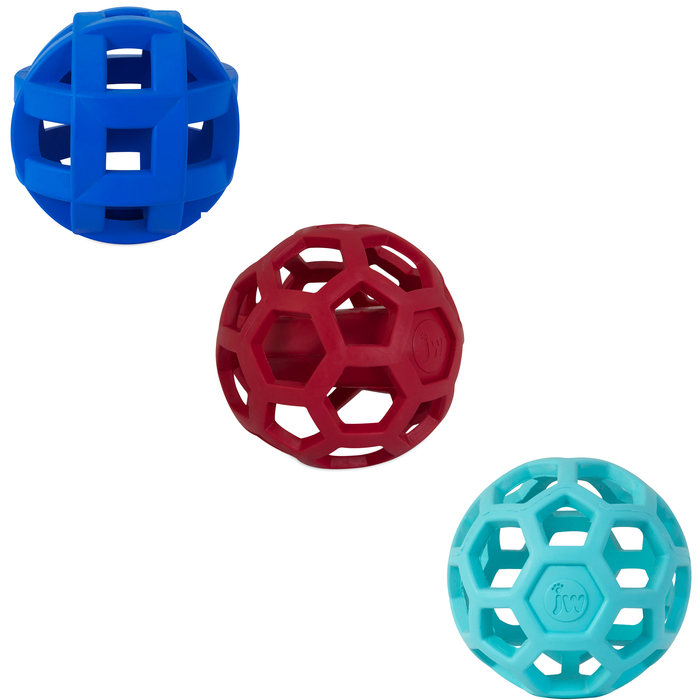 The JW Pet JW Hol-ee Dog Toy Bundle Large includes three natural rubber toys in blue, red, and turquoise, each with a geometric lattice design and open spaces, shown on a white background.