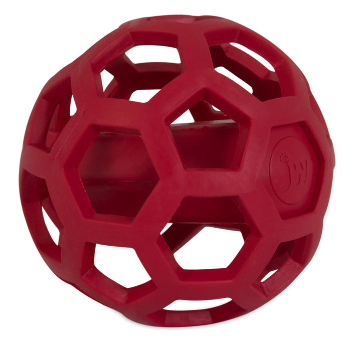 The JW Pet Hol-ee Dog Toy Bundle Large is a red, hollow dog toy made from natural rubber with a geometric lattice design for durable and fun play.