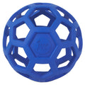 The JW Hol-ee Roller Dog Toy by JW Pet is a blue natural rubber ball with hexagonal and pentagonal cutouts and "jw" embossed on one side, making it a fun interactive puzzle toy for dogs.