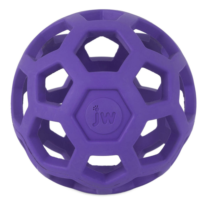 The JW Hol-ee Roller Dog Toy by JW Pet is a purple, hollow natural rubber toy with geometric cutouts and “jw” embossed on a panel—perfect for puzzle play and interactive fun with your dog.