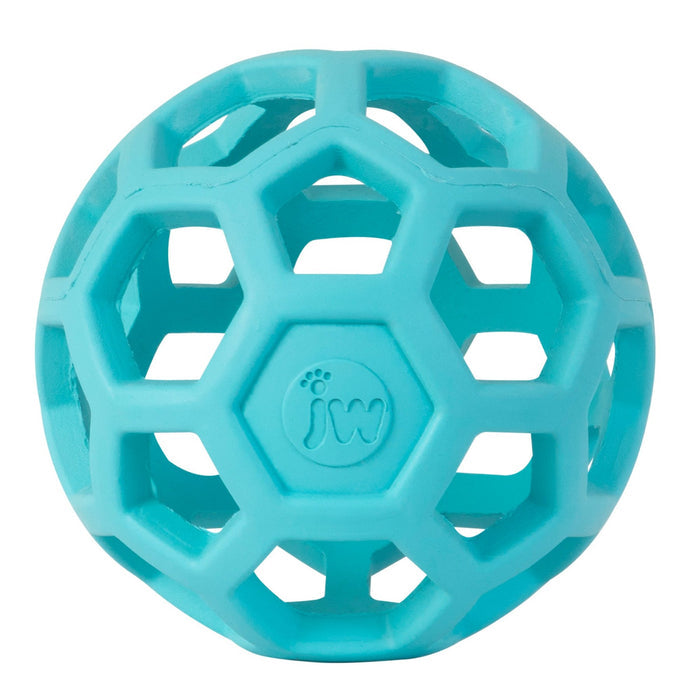 The JW Hol-ee Dog Toy Bundle Large by JW Pet is a light blue natural rubber dog toy with a hexagonal open lattice design and a small JW logo on one panel.