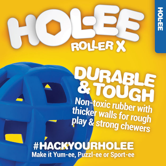 The JW Hol-ee Roller X Dog Toy by JW Pet, shown against a yellow background, is a blue rubber toy with cut-out holes. It's durable, non-toxic, boredom-busting, and designed for tough chewers and rough play.