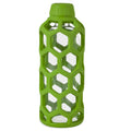 The JW Pet JW Hol-ee Water Bottle Dog Toy is a clear glass dog toy with a green silicone honeycomb-pattern sleeve covering most of the bottle and a matching green lid, making it both stylish and fun for chewing.