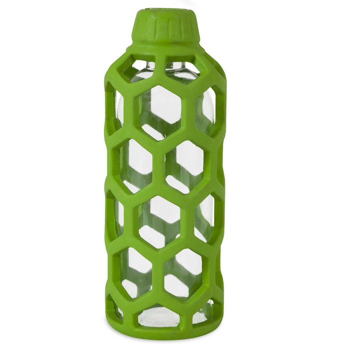 The JW Pet JW Hol-ee Water Bottle Dog Toy is a clear glass dog toy with a green silicone honeycomb-pattern sleeve covering most of the bottle and a matching green lid, making it both stylish and fun for chewing.